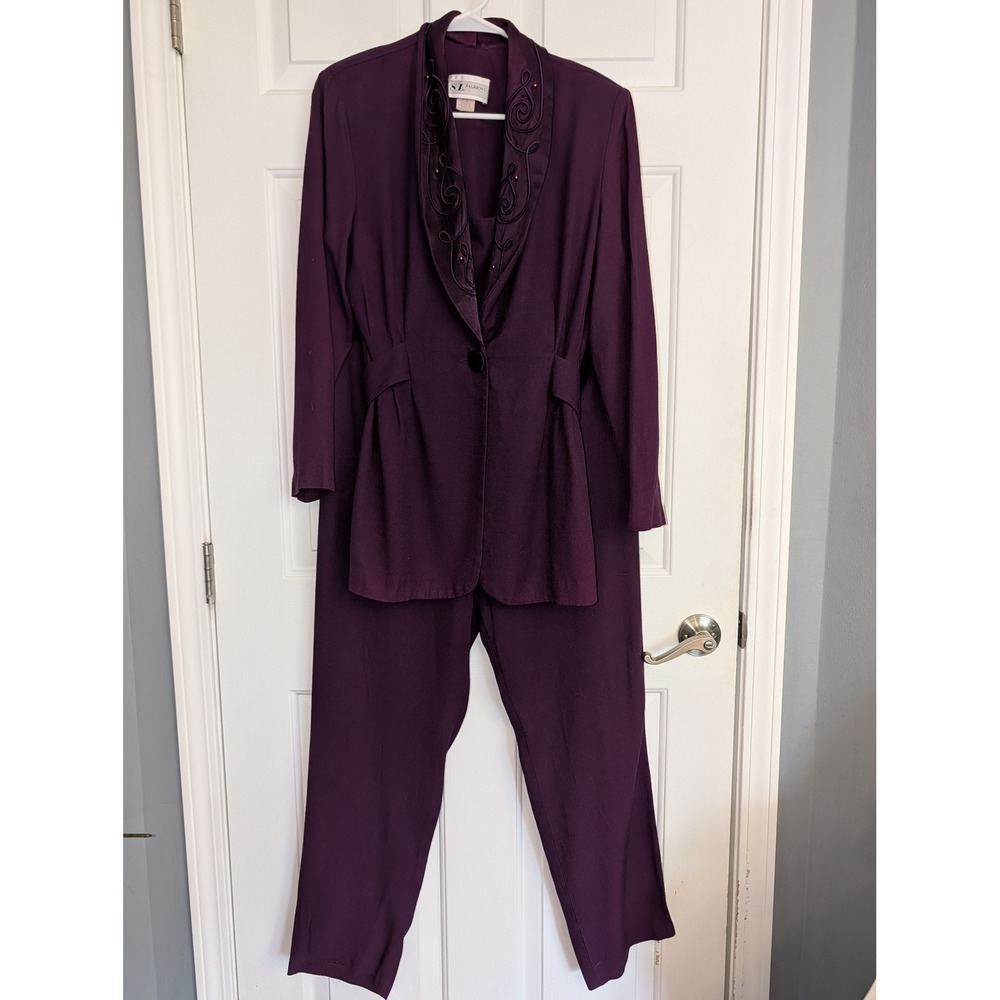 Vintage SL Fashions 90s Purple PantSuit Set Embroidered Satin Collar Size 12